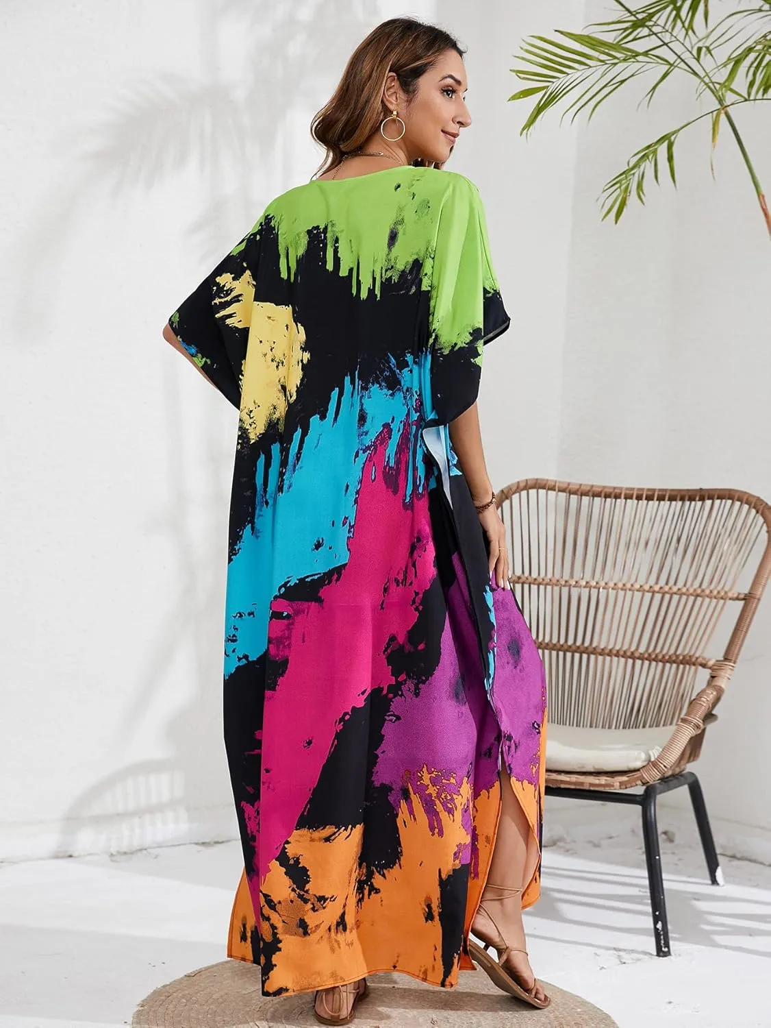 Kaftan Dresses for Women Plus Size Beach Boho Maxi Dress Swimsuit Cover up Batwing Sleeve Print Loungewear