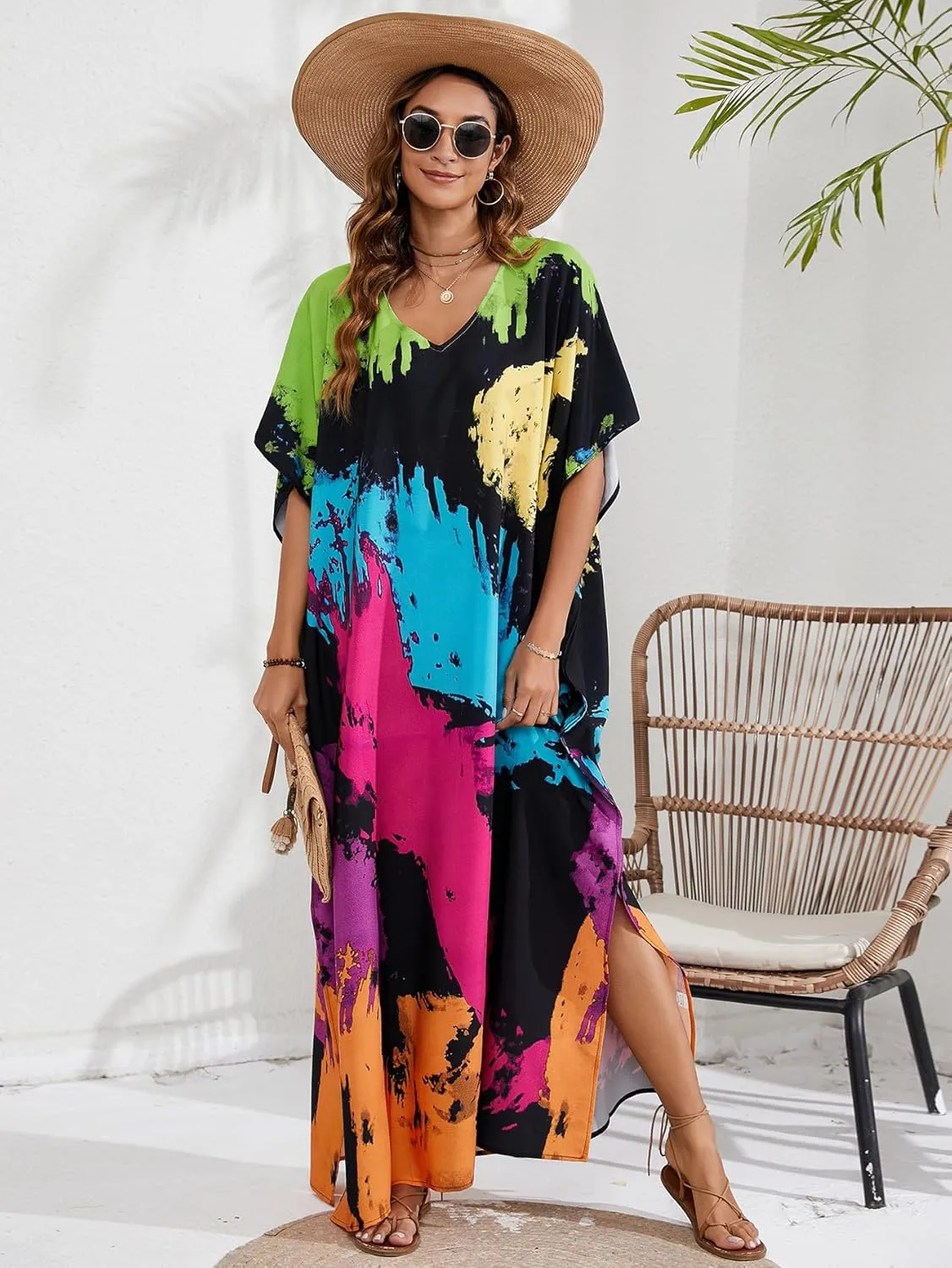 Kaftan Dresses for Women Plus Size Beach Boho Maxi Dress Swimsuit Cover up Batwing Sleeve Print Loungewear
