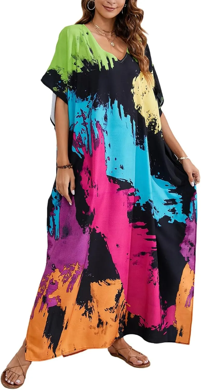 Kaftan Dresses for Women Plus Size Beach Boho Maxi Dress Swimsuit Cover up Batwing Sleeve Print Loungewear