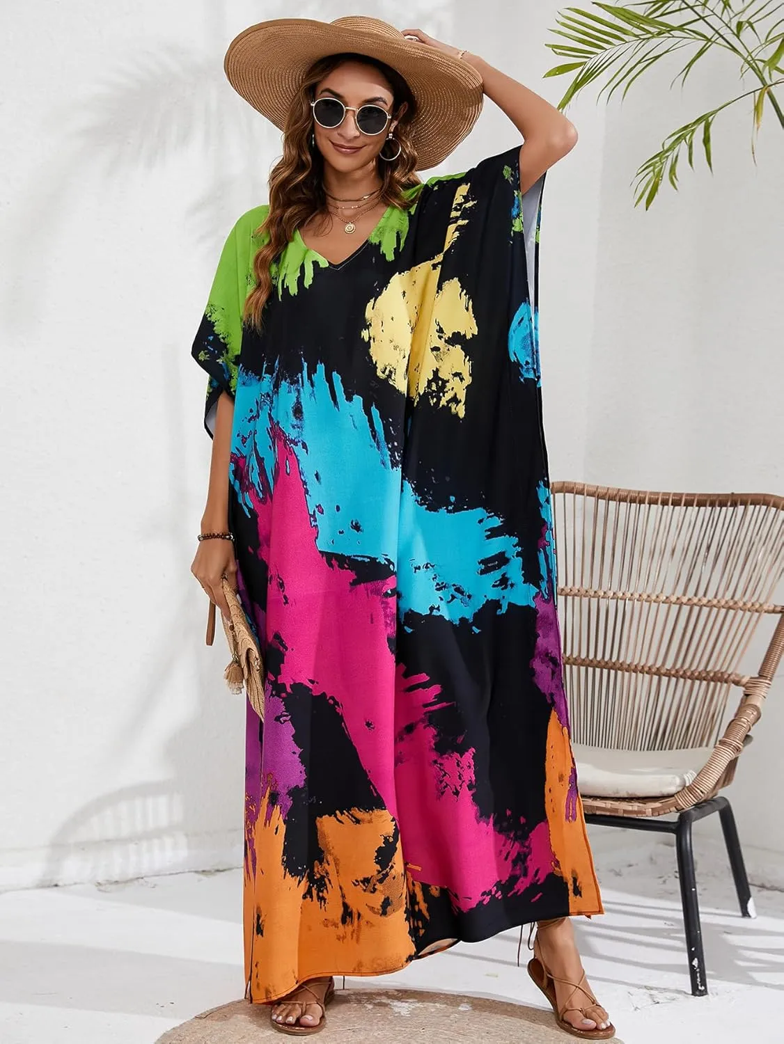 Kaftan Dresses for Women Plus Size Beach Boho Maxi Dress Swimsuit Cover up Batwing Sleeve Print Loungewear
