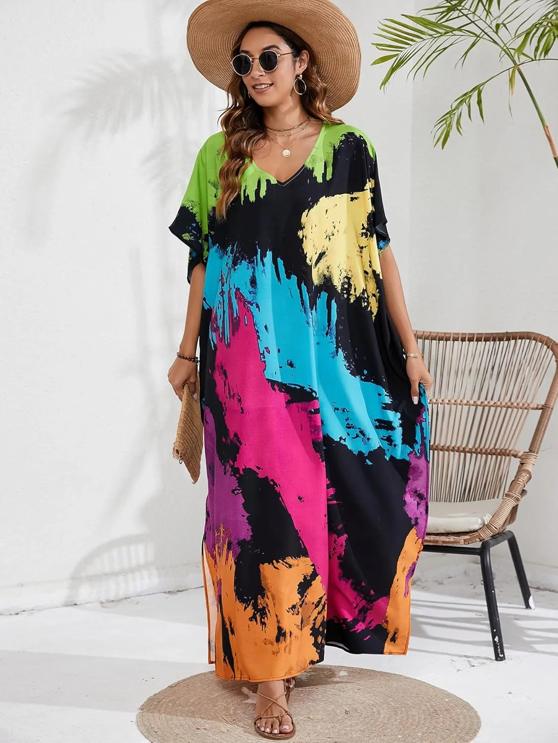 Kaftan Dresses for Women Plus Size Beach Boho Maxi Dress Swimsuit Cover up Batwing Sleeve Print Loungewear