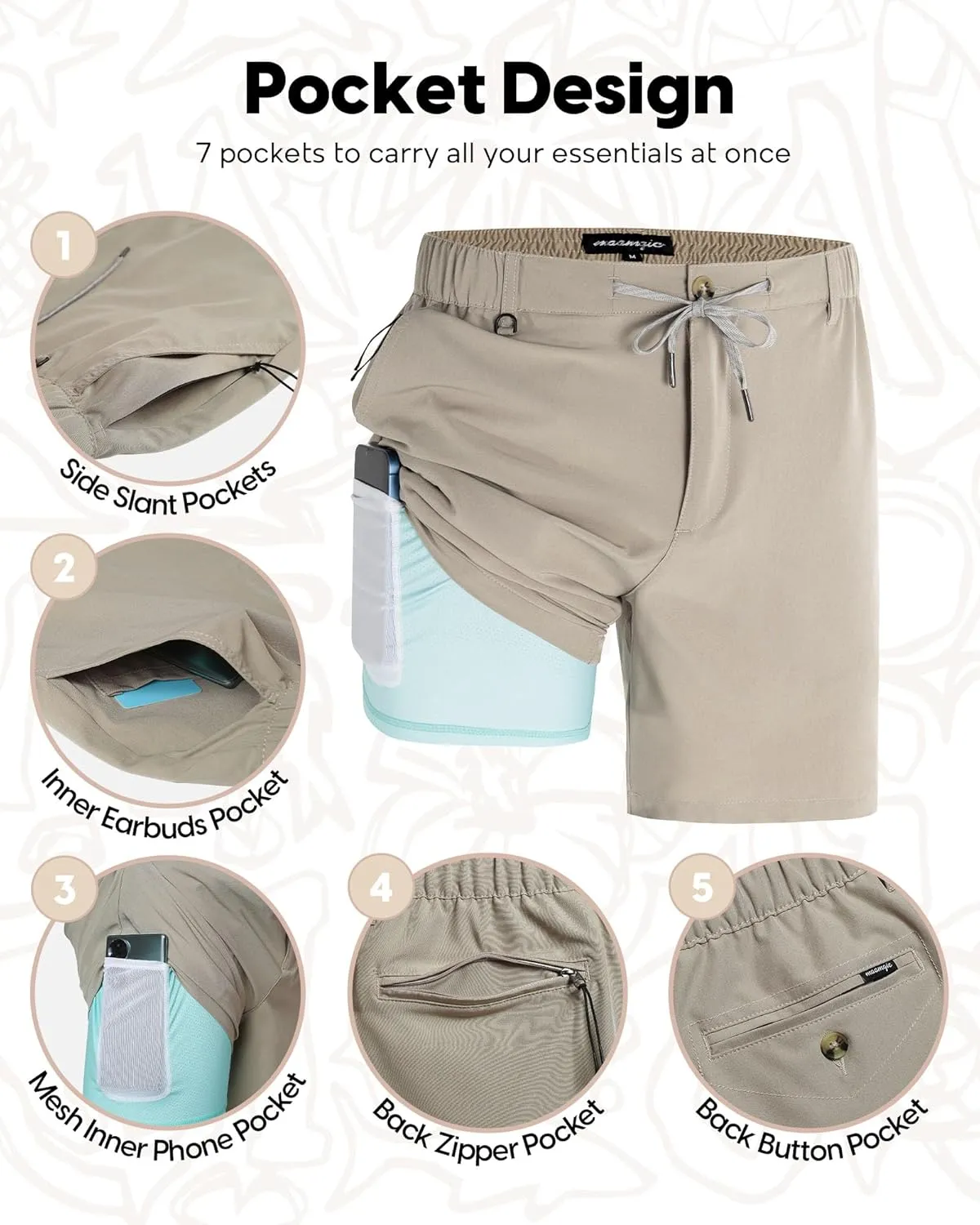 maamgic Mens Casual Shorts with Compression Liner 5/7 Inch Classic Fit Khaki Shorts