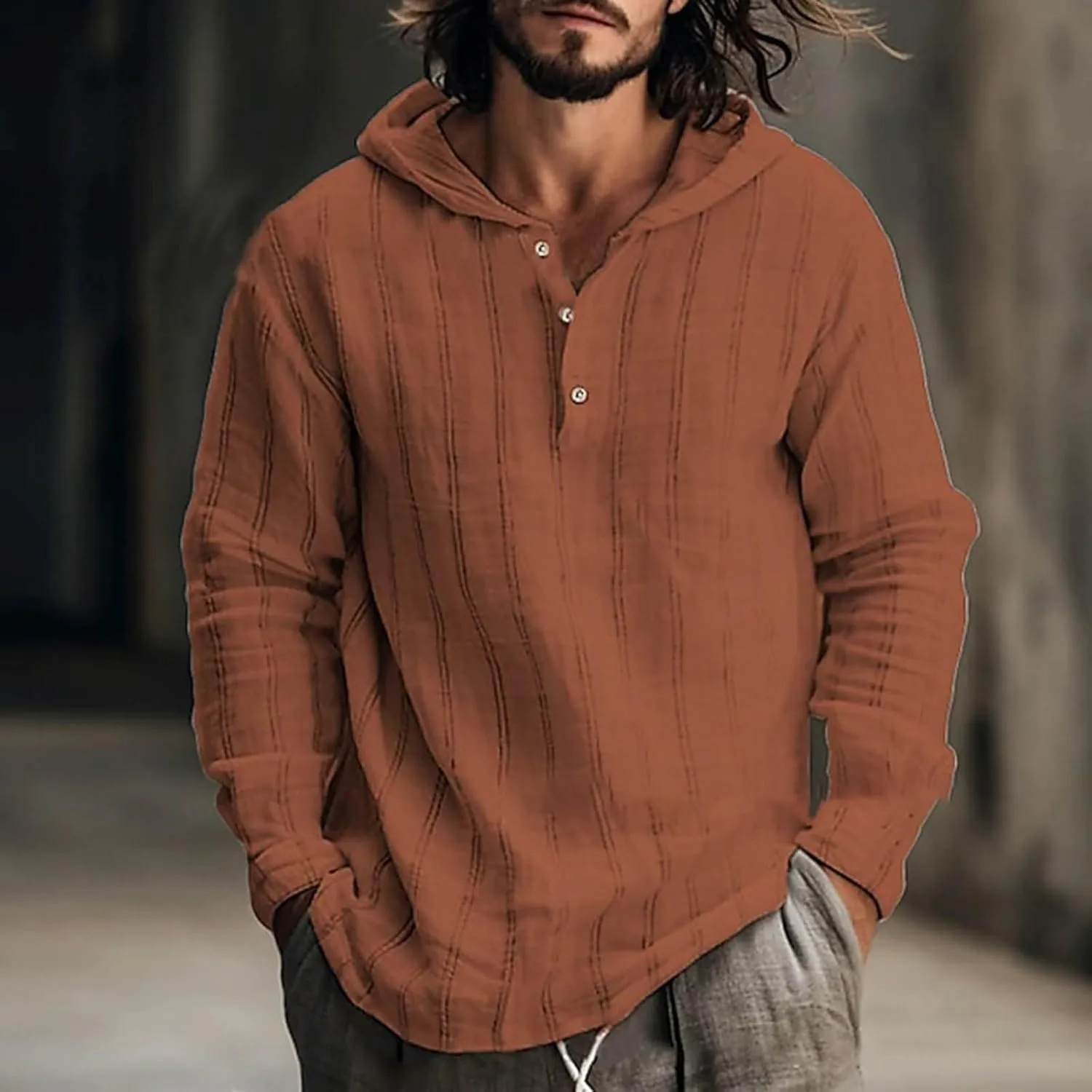 Mens Cotton Linen Shirts with Hood Casual Long Sleeve V Neck Hoodie Lightweight Loose Casual Hawaiian Beach Yoga Shirt