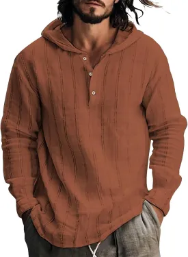 Mens Cotton Linen Shirts with Hood Casual Long Sleeve V Neck Hoodie Lightweight Loose Casual Hawaiian Beach Yoga Shirt