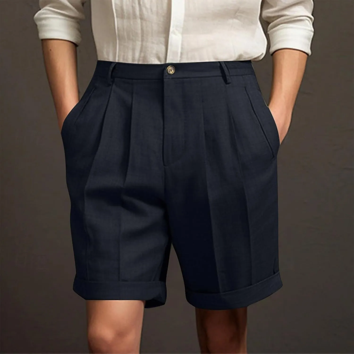 Mens Dress Shorts Mid-Thigh Flat Front Work Suit Shorts Casual Straight Leg Pleated Short Pants with Pockets