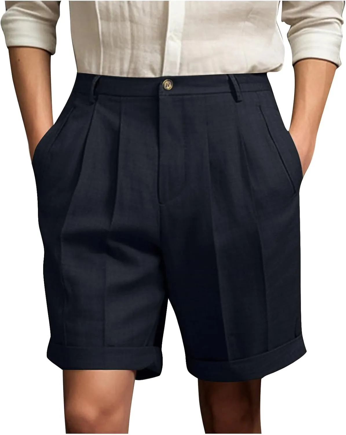 Mens Dress Shorts Mid-Thigh Flat Front Work Suit Shorts Casual Straight Leg Pleated Short Pants with Pockets