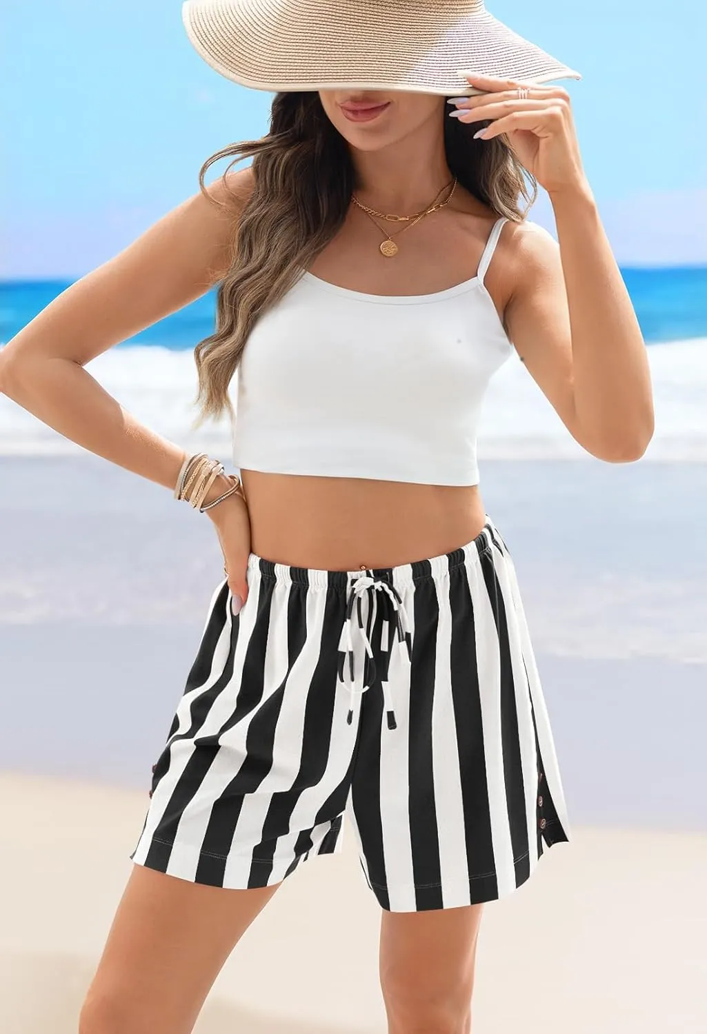 MEROKEETY Women's 2025 Summer Beach Lounge Shorts Casual Striped High Waisted Sleep Pajama Shorts