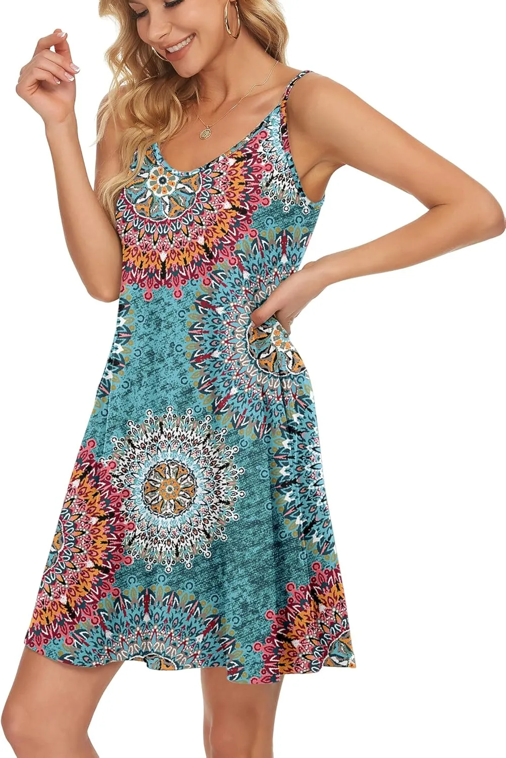MISFAY Women's Summer Spaghetti Strap Casual Swing Tank Beach Cover Up Dress with Pockets