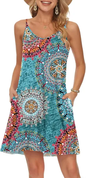 MISFAY Women's Summer Spaghetti Strap Casual Swing Tank Beach Cover Up Dress with Pockets