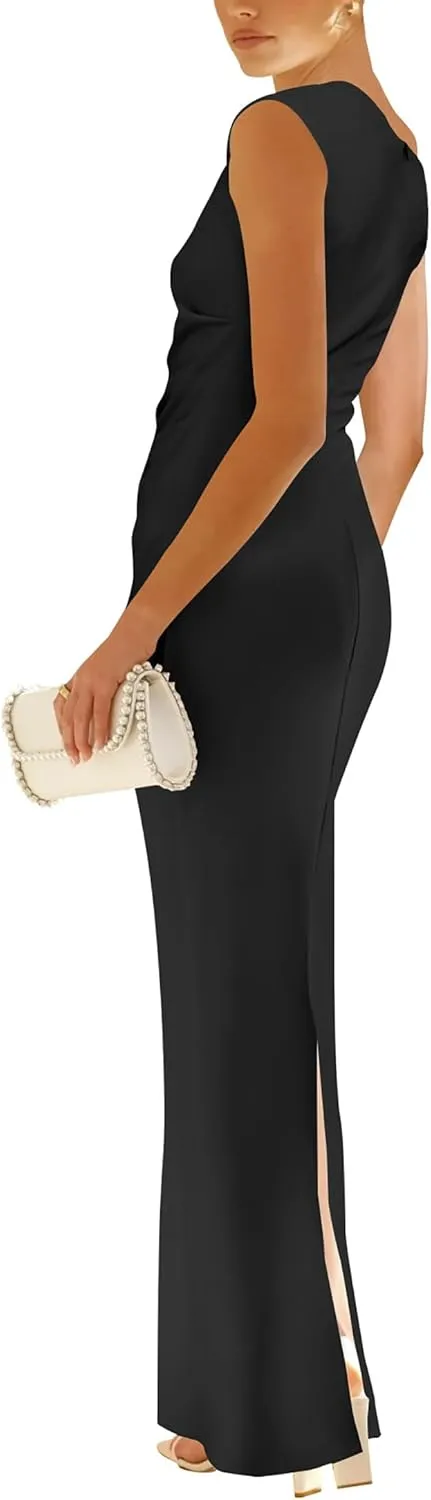 Nova In Sky Womens Summer One Shoulder Party Cocktail Bodycon Maxi Dress Sleeveless Ruched Slit Formal Wedding Guest Dresses