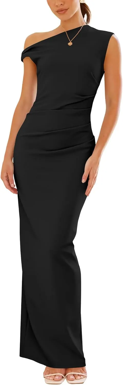 Nova In Sky Womens Summer One Shoulder Party Cocktail Bodycon Maxi Dress Sleeveless Ruched Slit Formal Wedding Guest Dresses