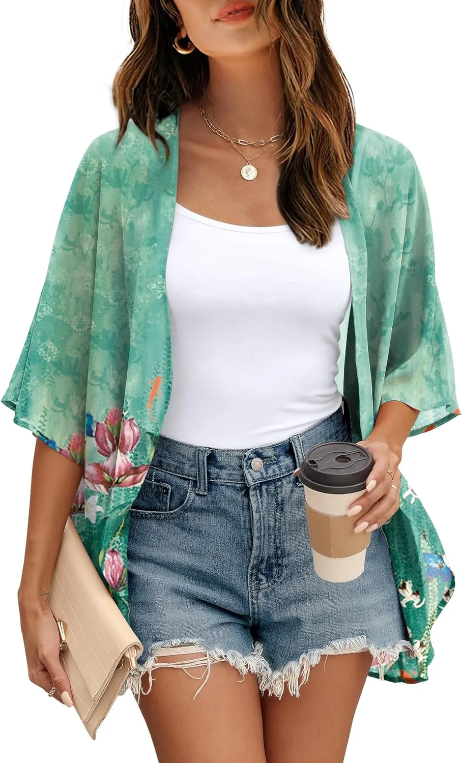 OFEEFAN Beach Cover Ups for Women 3/4 Length Sleeve Womens Tops Summer Cardigan Casual Blouses Loose Fit