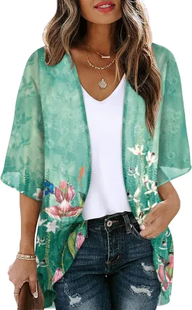 OFEEFAN Beach Cover Ups for Women 3/4 Length Sleeve Womens Tops Summer Cardigan Casual Blouses Loose Fit
