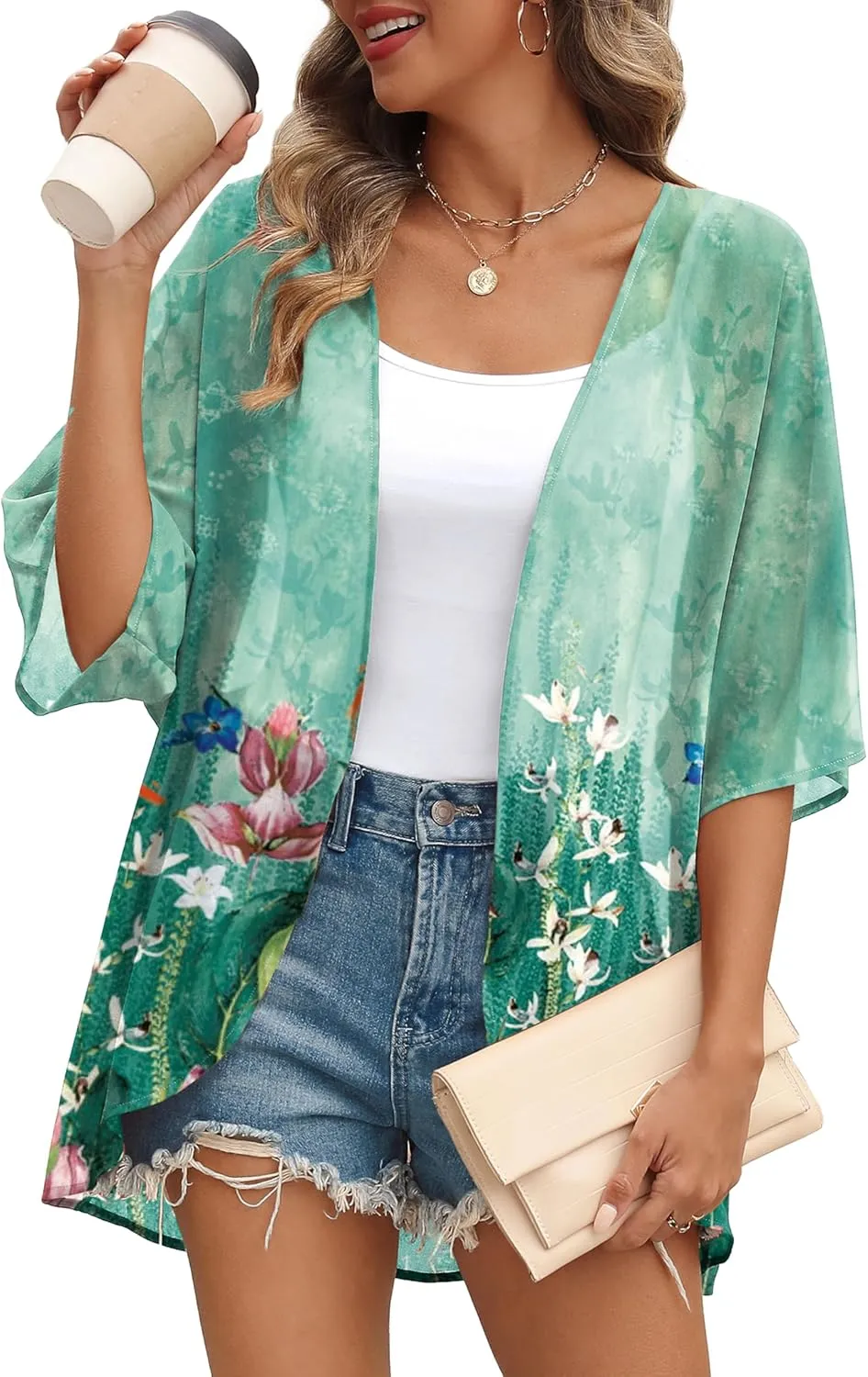 OFEEFAN Beach Cover Ups for Women 3/4 Length Sleeve Womens Tops Summer Cardigan Casual Blouses Loose Fit
