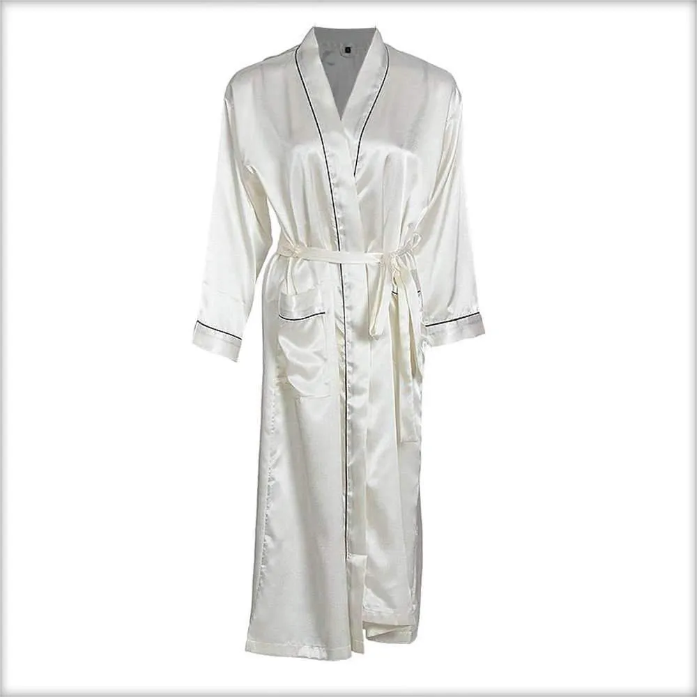 Off-White Solid Satin Long Night Gown
