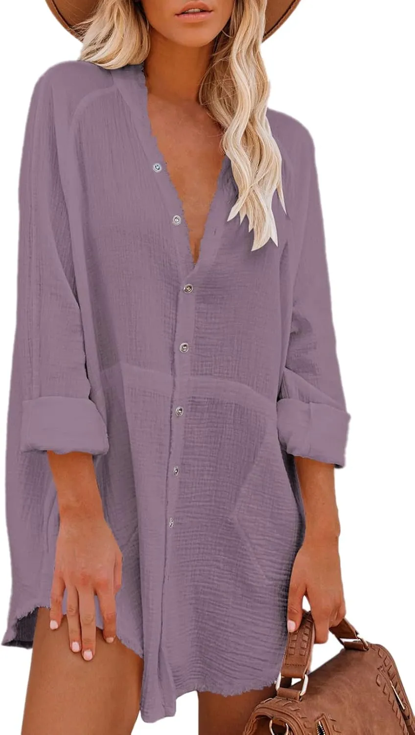 Pink Queen Women's V Neck Long Sleeve Button Down Blouse Tunic Shirt Mini Dress with Pockets