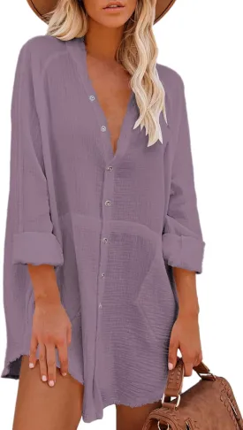 Pink Queen Women's V Neck Long Sleeve Button Down Blouse Tunic Shirt Mini Dress with Pockets