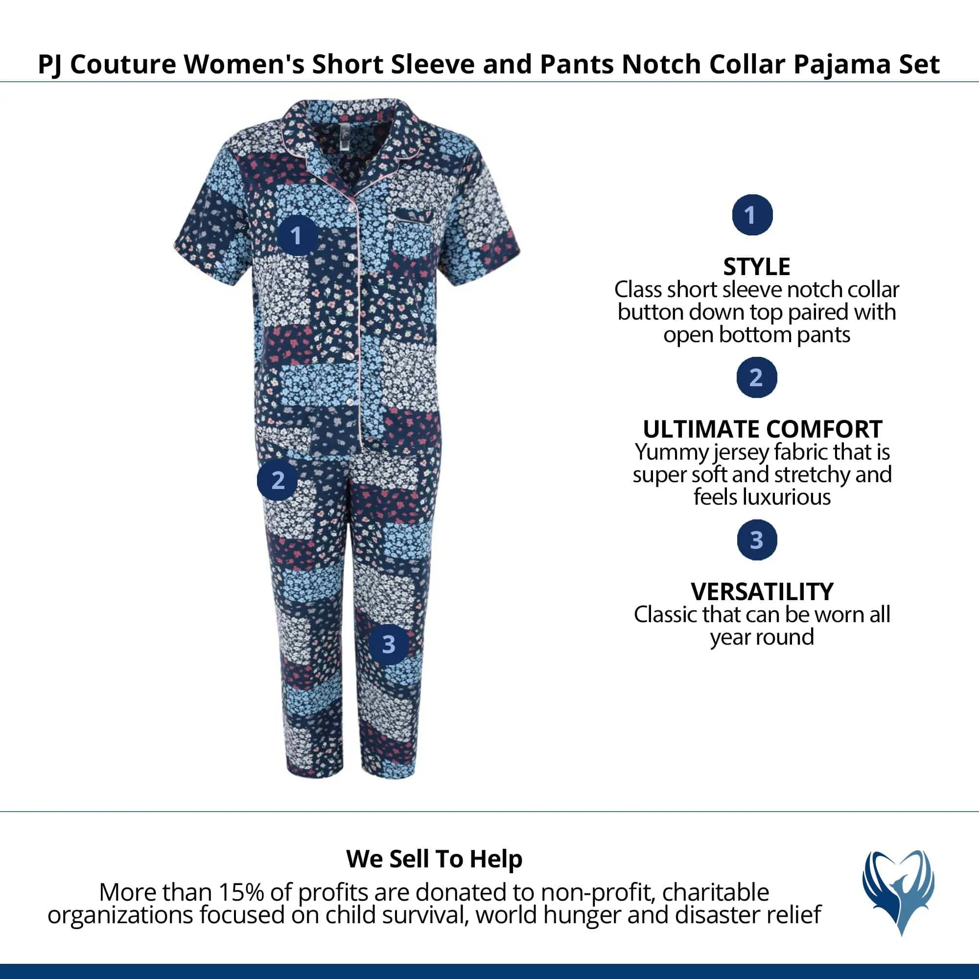 PJ Couture Women's Short Sleeve and Pants Notch Collar Pajama Set