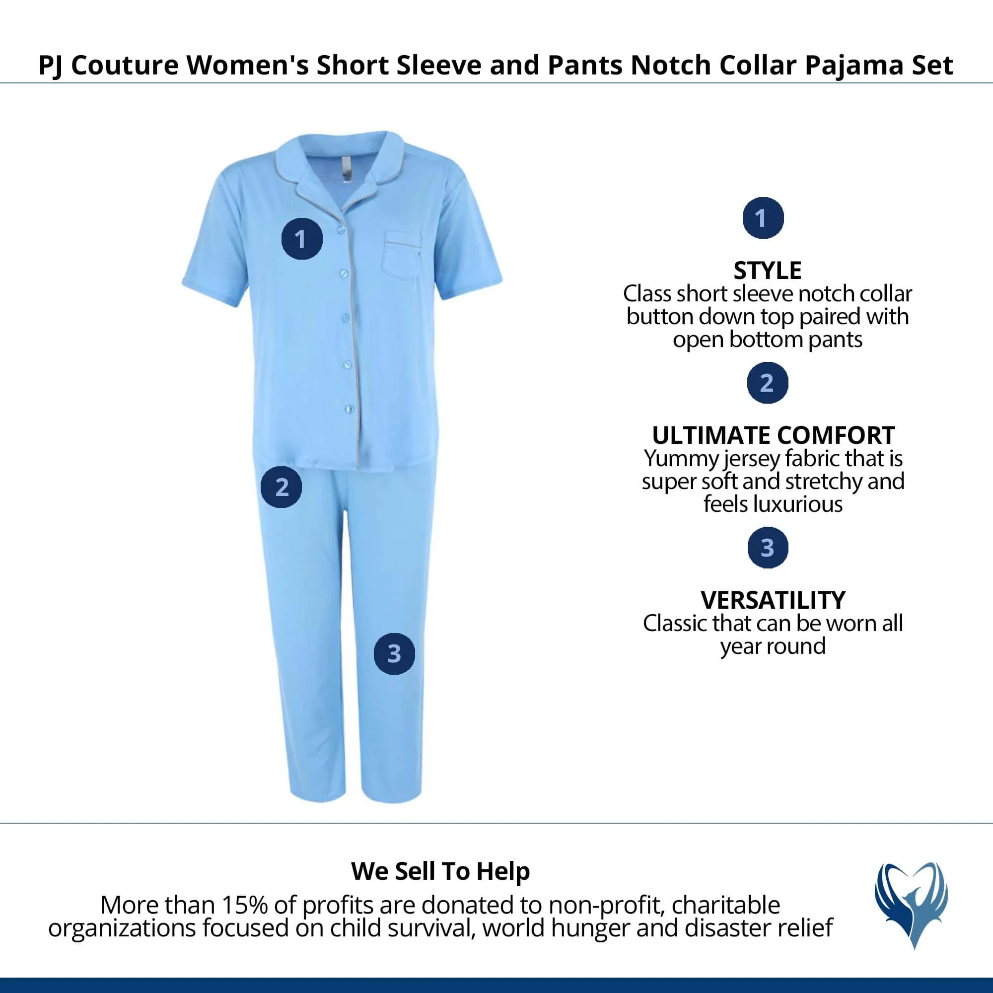 PJ Couture Women's Short Sleeve and Pants Notch Collar Pajama Set