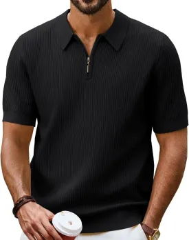 PJ PAUL JONES Men's Zipper Polo Shirt Textured Casual Knit Short Sleeve Polo T Shirt
