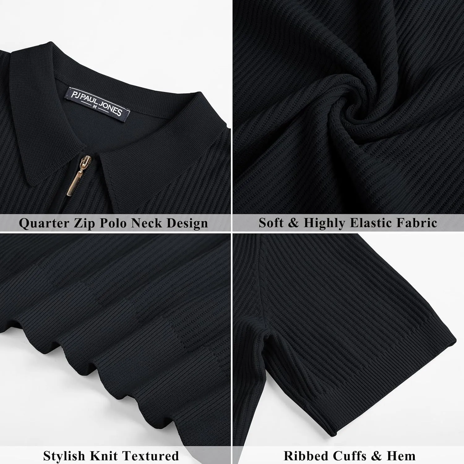 PJ PAUL JONES Men's Zipper Polo Shirt Textured Casual Knit Short Sleeve Polo T Shirt