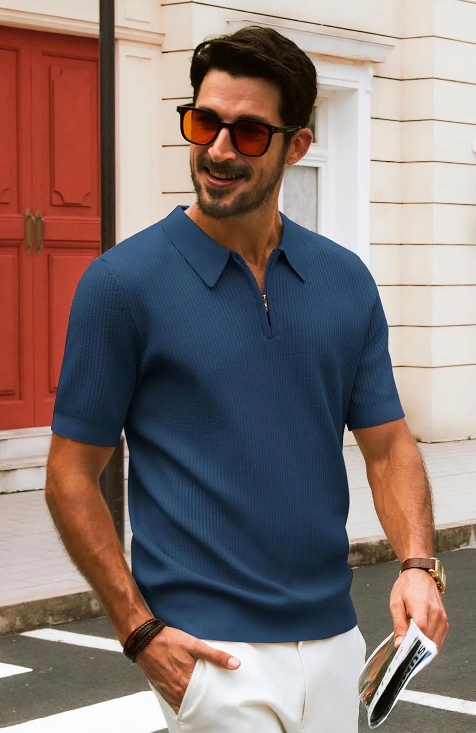 PJ PAUL JONES Men's Zipper Polo Shirt Textured Casual Knit Short Sleeve Polo T Shirt