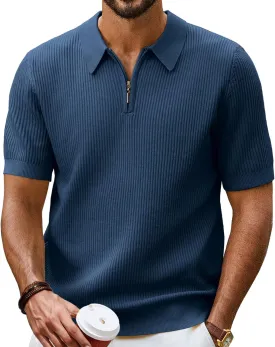 PJ PAUL JONES Men's Zipper Polo Shirt Textured Casual Knit Short Sleeve Polo T Shirt