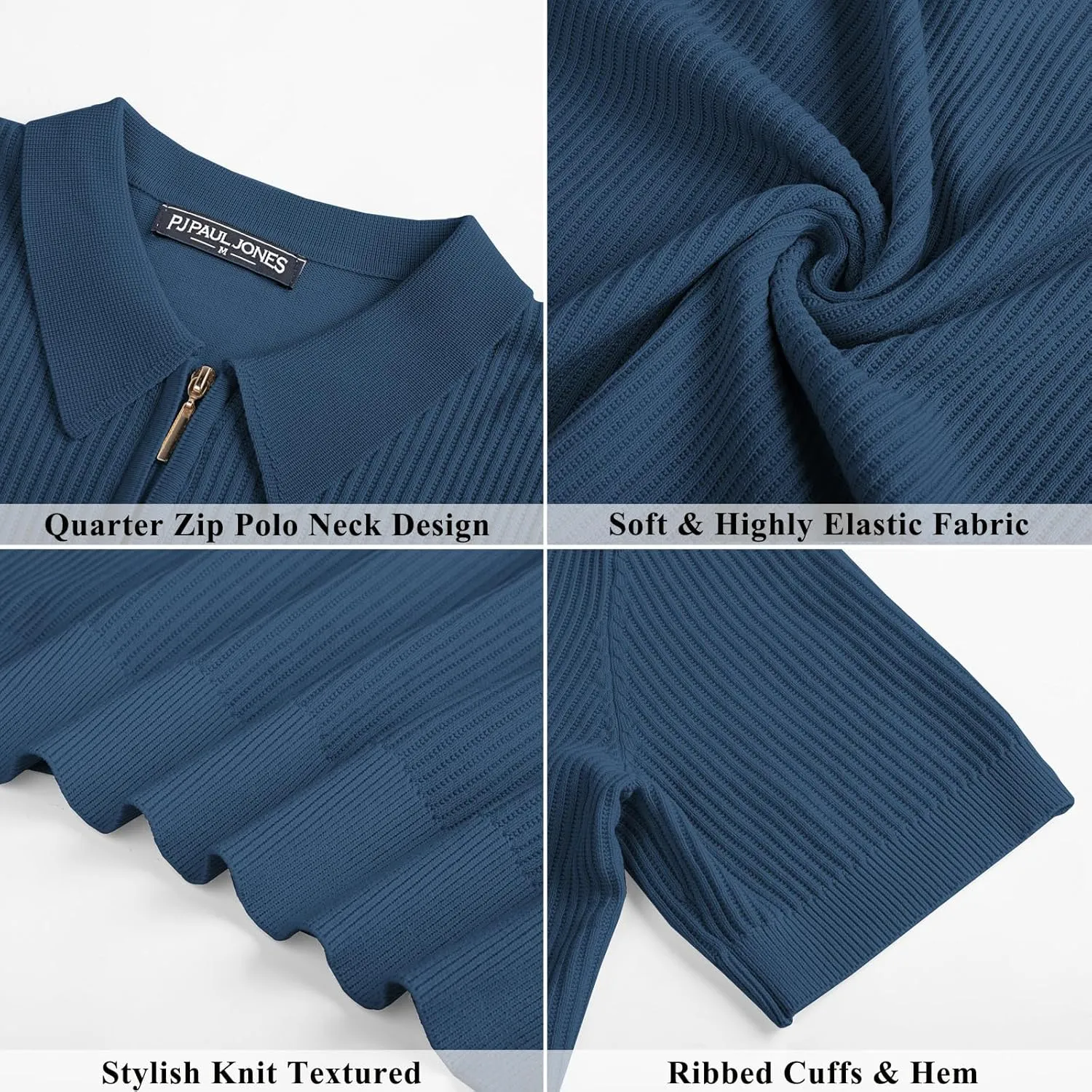 PJ PAUL JONES Men's Zipper Polo Shirt Textured Casual Knit Short Sleeve Polo T Shirt
