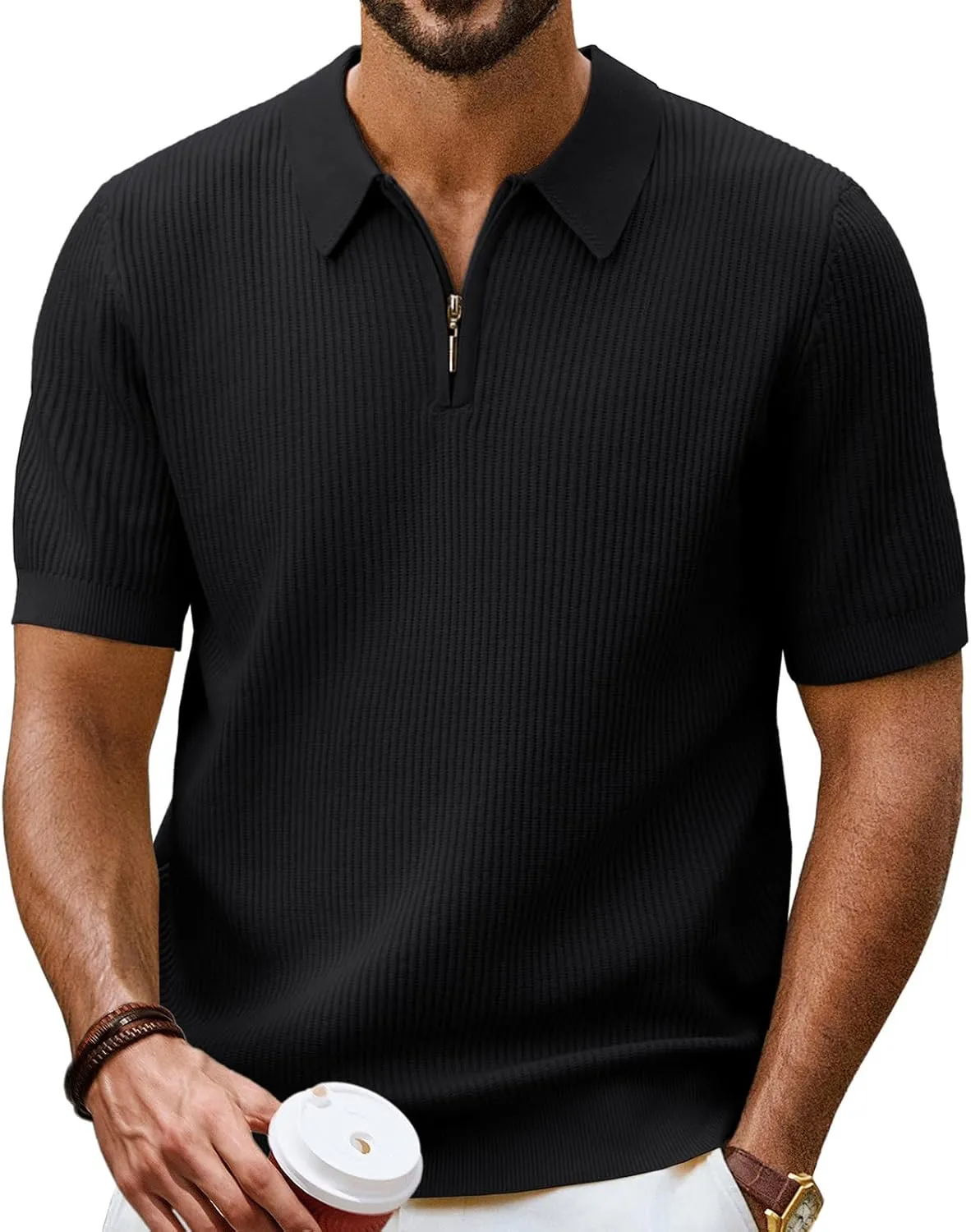 PJ PAUL JONES Men's Zipper Polo Shirt Textured Casual Knit Short Sleeve Polo T Shirt