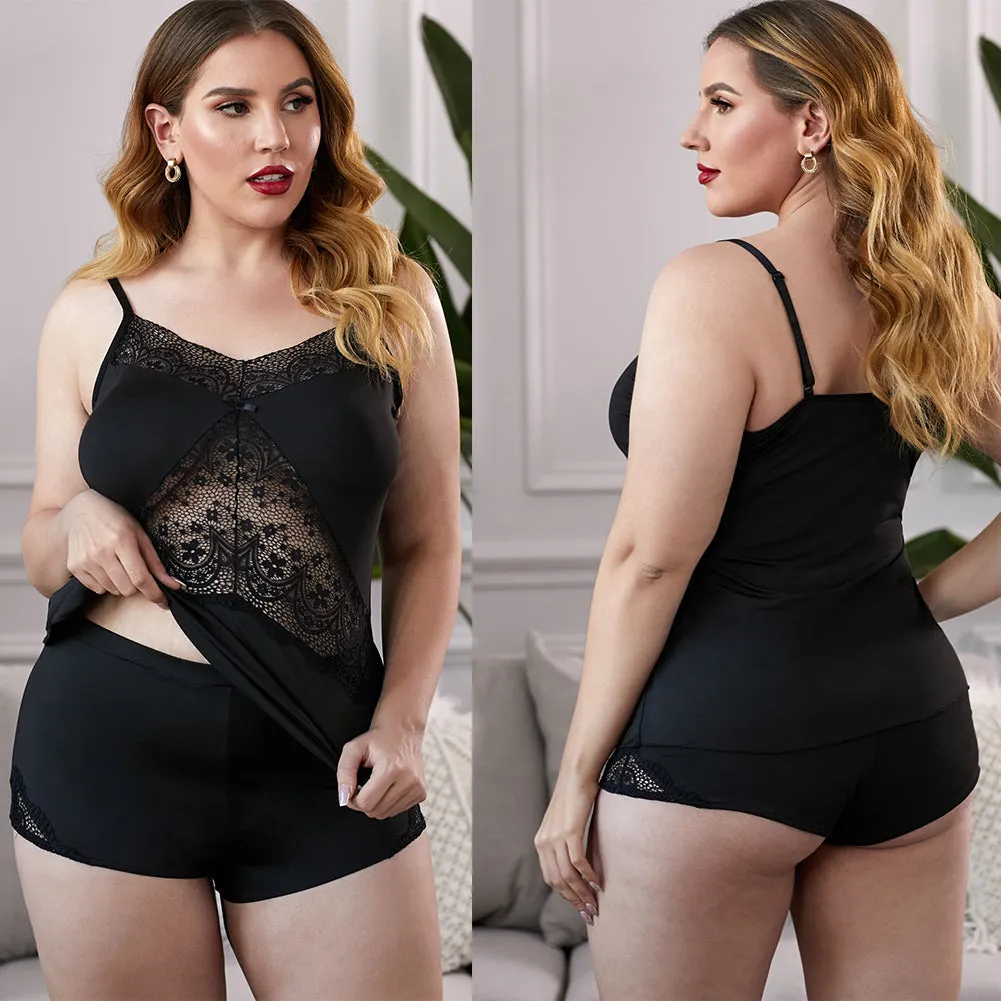 Plus Size Lace Camisole 2 Piece Pajamas Set