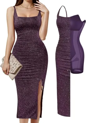 Popilush Sparkly Cocktail Dresses for Women Tummy Control Formal Shapewear Dress Square Neck Ruched Midi Dress Side Slit