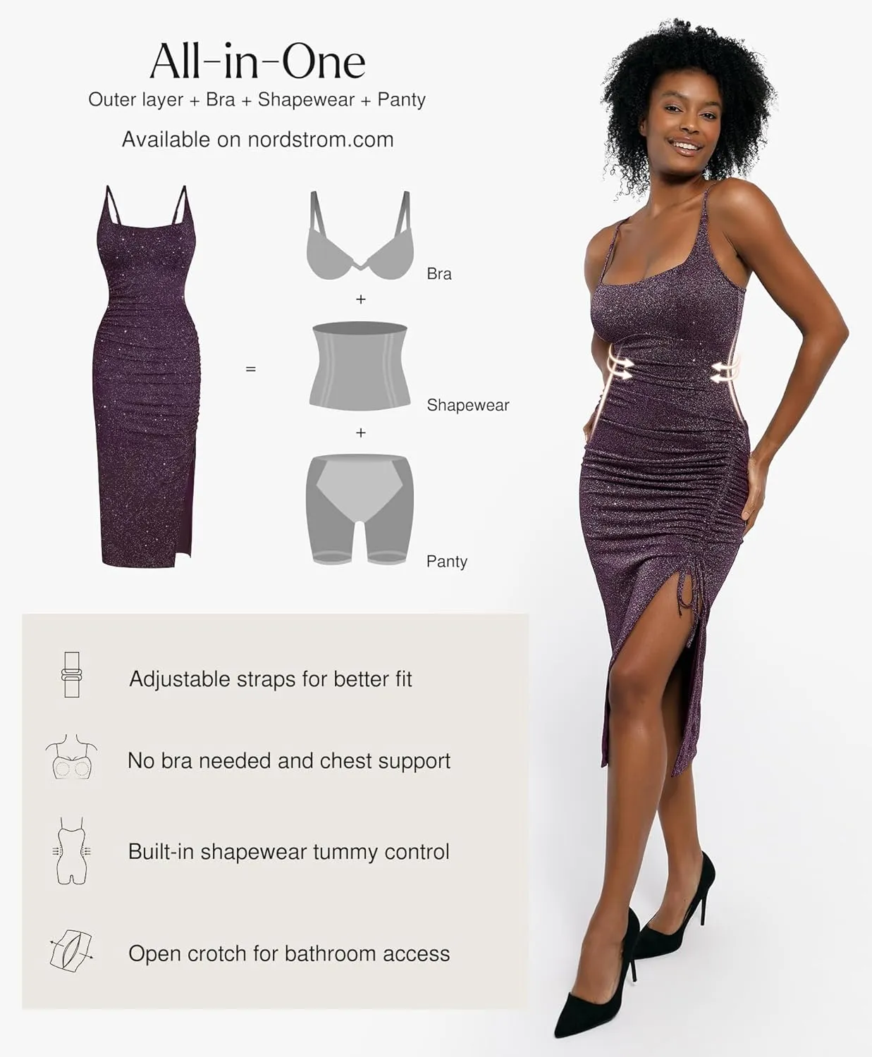 Popilush Sparkly Cocktail Dresses for Women Tummy Control Formal Shapewear Dress Square Neck Ruched Midi Dress Side Slit