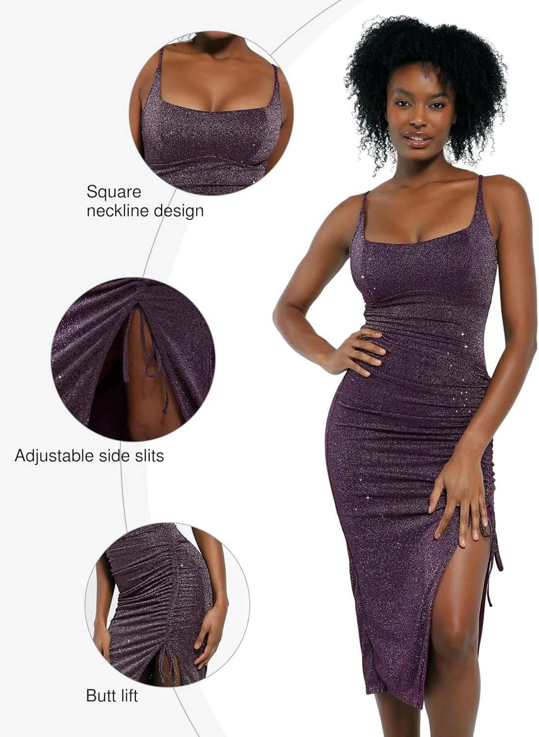 Popilush Sparkly Cocktail Dresses for Women Tummy Control Formal Shapewear Dress Square Neck Ruched Midi Dress Side Slit