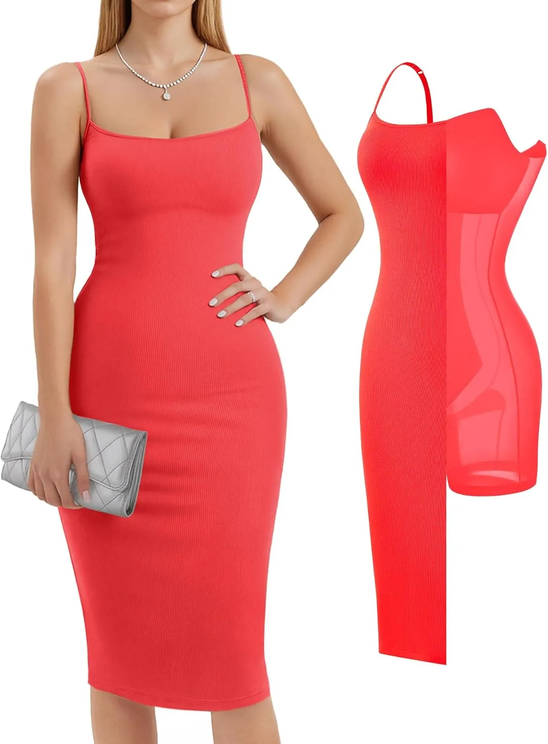 Popilush Summer Midi Dresses for Women - Bodycon Cocktail Party Graduation Shapewear Dress with Built-in Bra