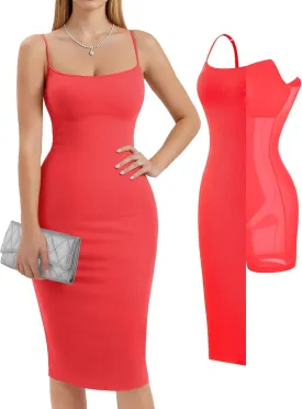 Popilush Summer Midi Dresses for Women - Bodycon Cocktail Party Graduation Shapewear Dress with Built-in Bra