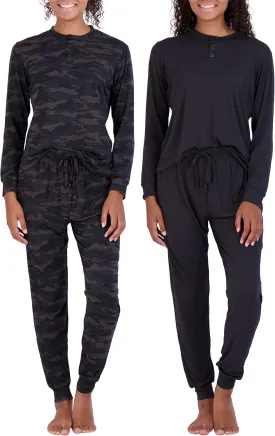 Real Essentials 2 Pack: Women's Soft Long Sleeve Sleep Set - Comfortable Lounge Pull Over Hoodie and Henley Jogger