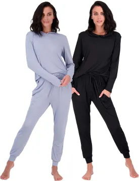 Real Essentials 2 Pack: Women's Soft Long Sleeve Sleep Set - Comfortable Lounge Pull Over Hoodie and Henley Jogger