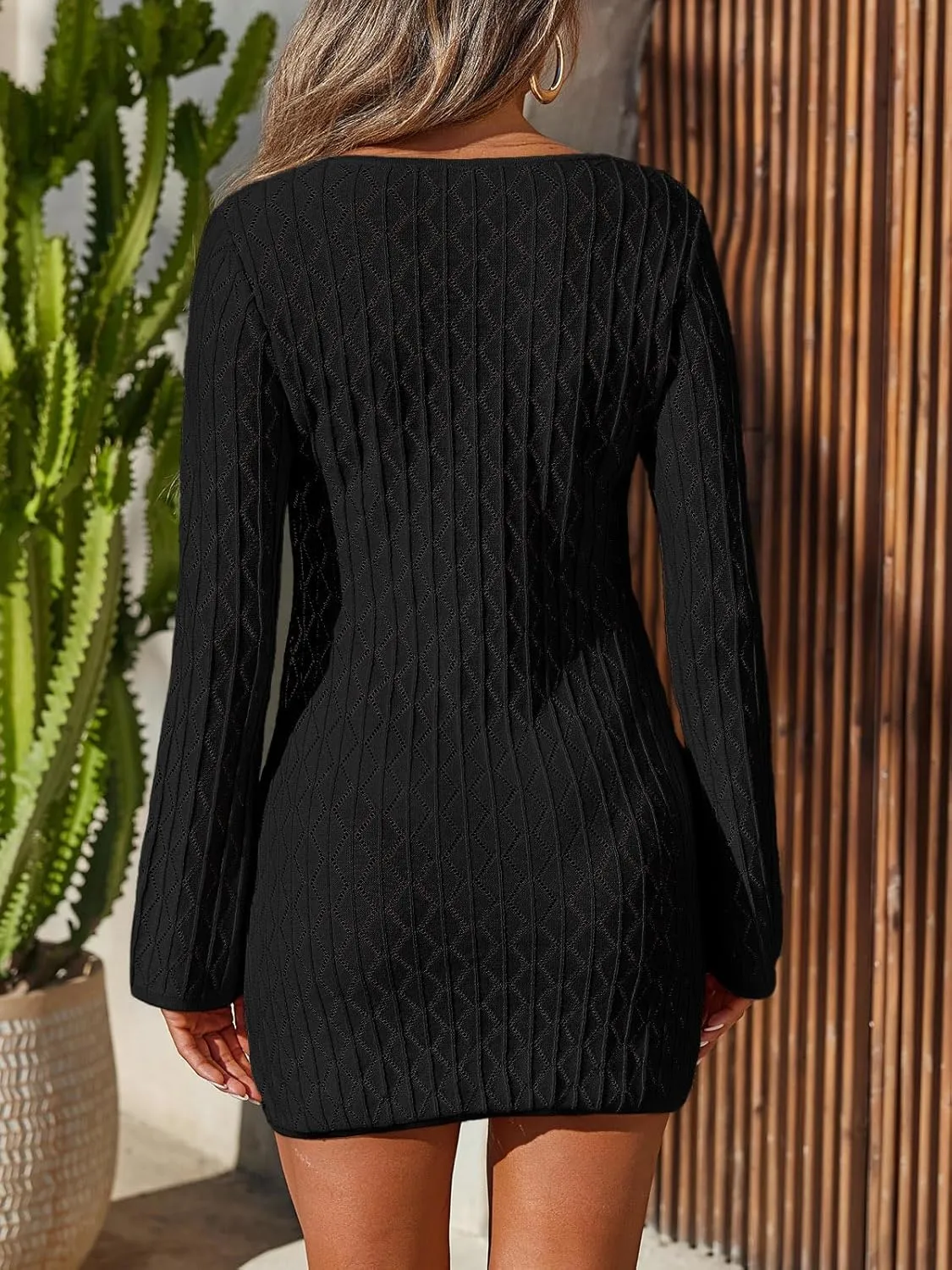 Saodimallsu Womens Crochet Cover Up Long Sleeve Sexy Bodycon Sheer Knit Summer Beach Swimsuit Coverup Cut Out Mini Dress