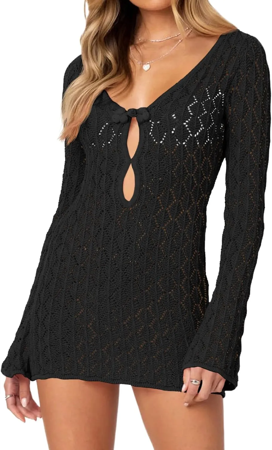 Saodimallsu Womens Crochet Cover Up Long Sleeve Sexy Bodycon Sheer Knit Summer Beach Swimsuit Coverup Cut Out Mini Dress