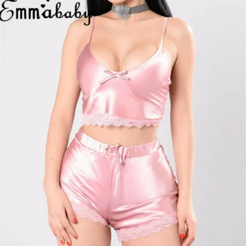Silky Lace Crop Top Camisole and Shorts Pajamas  Set