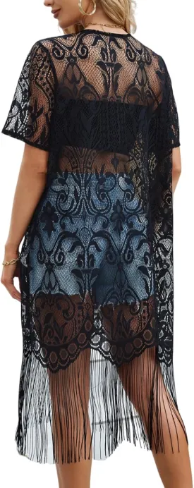 SOLY HUX Women's Plus Size Lace Fringe Trim Cover Up Short Sleeve Open Front Cardigans Kimono for swimwear