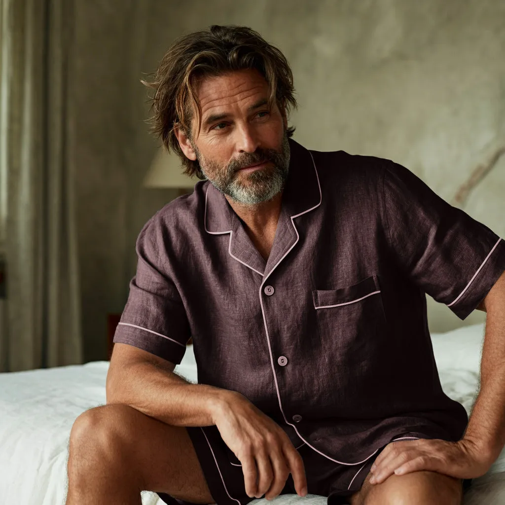 THEO Men's Pure Linen Pajamas Short Sleeve Top & Shorts Set