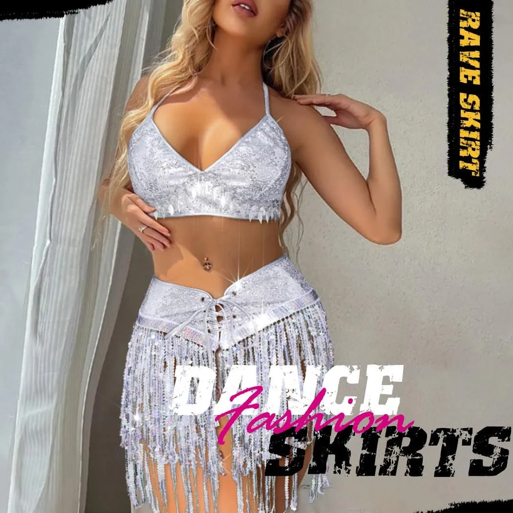 TWINKLEDE Sequin Skirt and Top Tassel Outfit Set Sparkly Belly Dance Costume Bra Tops and Fringe Skirts Sets for Women