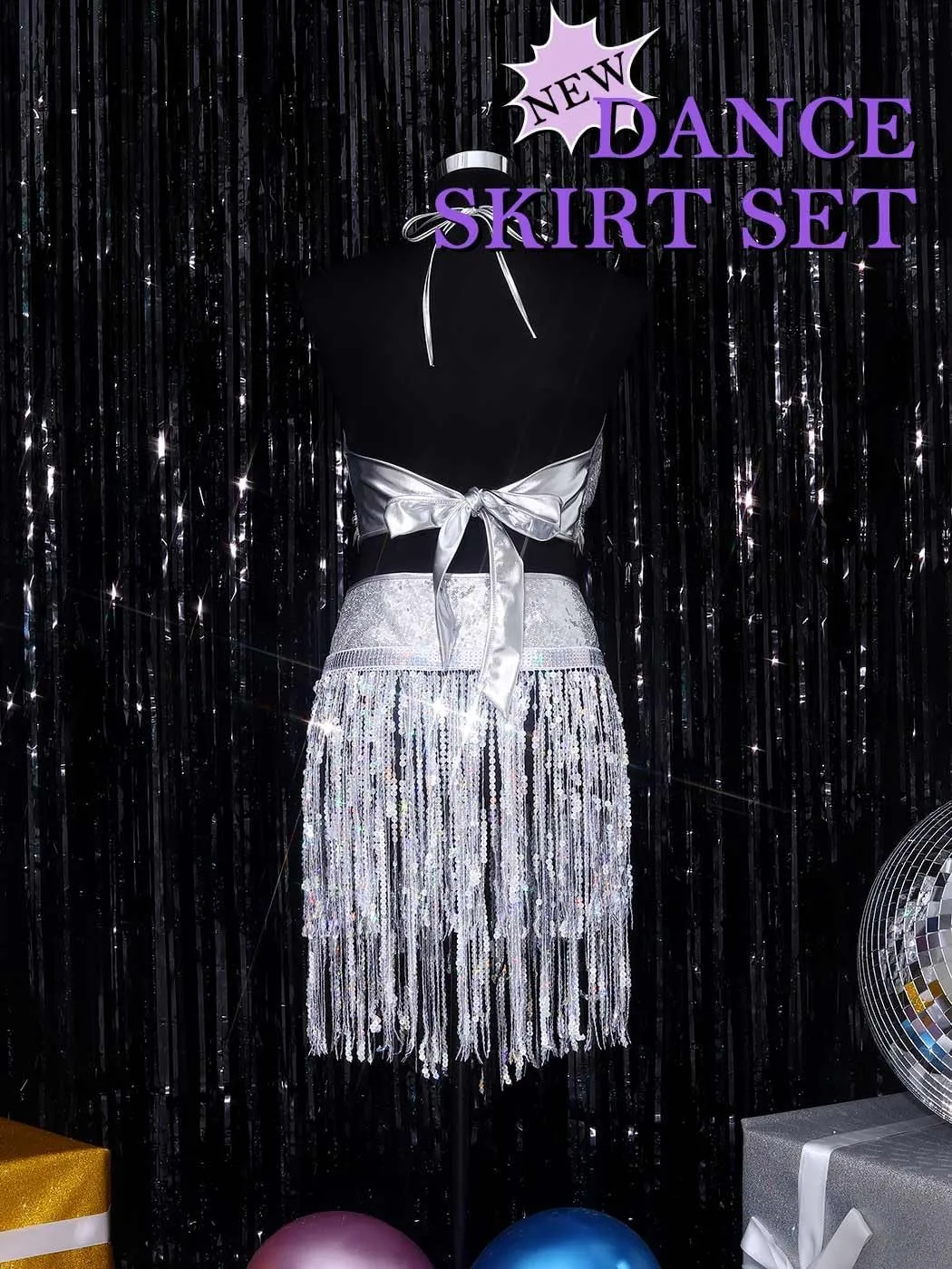 TWINKLEDE Sequin Skirt and Top Tassel Outfit Set Sparkly Belly Dance Costume Bra Tops and Fringe Skirts Sets for Women