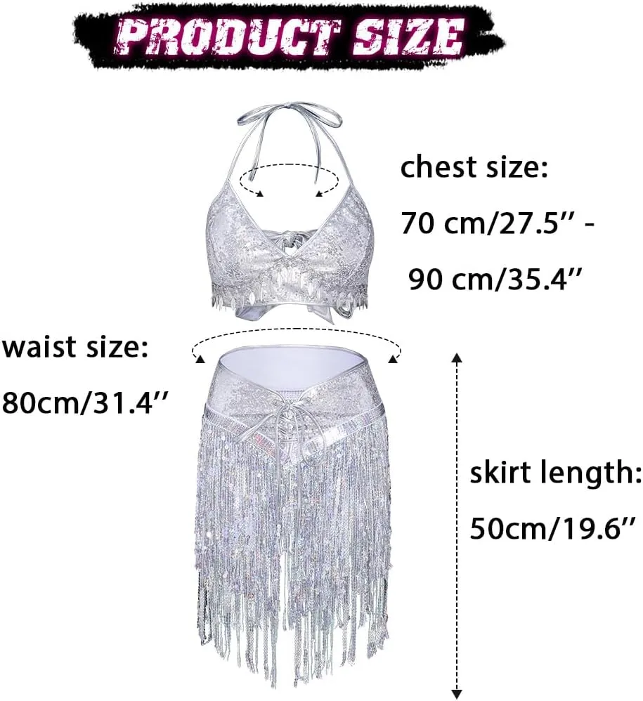 TWINKLEDE Sequin Skirt and Top Tassel Outfit Set Sparkly Belly Dance Costume Bra Tops and Fringe Skirts Sets for Women