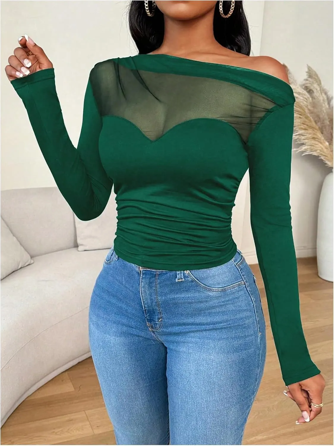 WDIRARA Women's One Shoulder Mesh Long Sleeve Tops Sexy Night Out Shirts