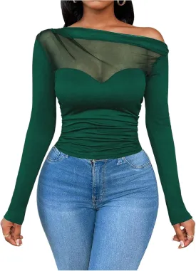 WDIRARA Women's One Shoulder Mesh Long Sleeve Tops Sexy Night Out Shirts