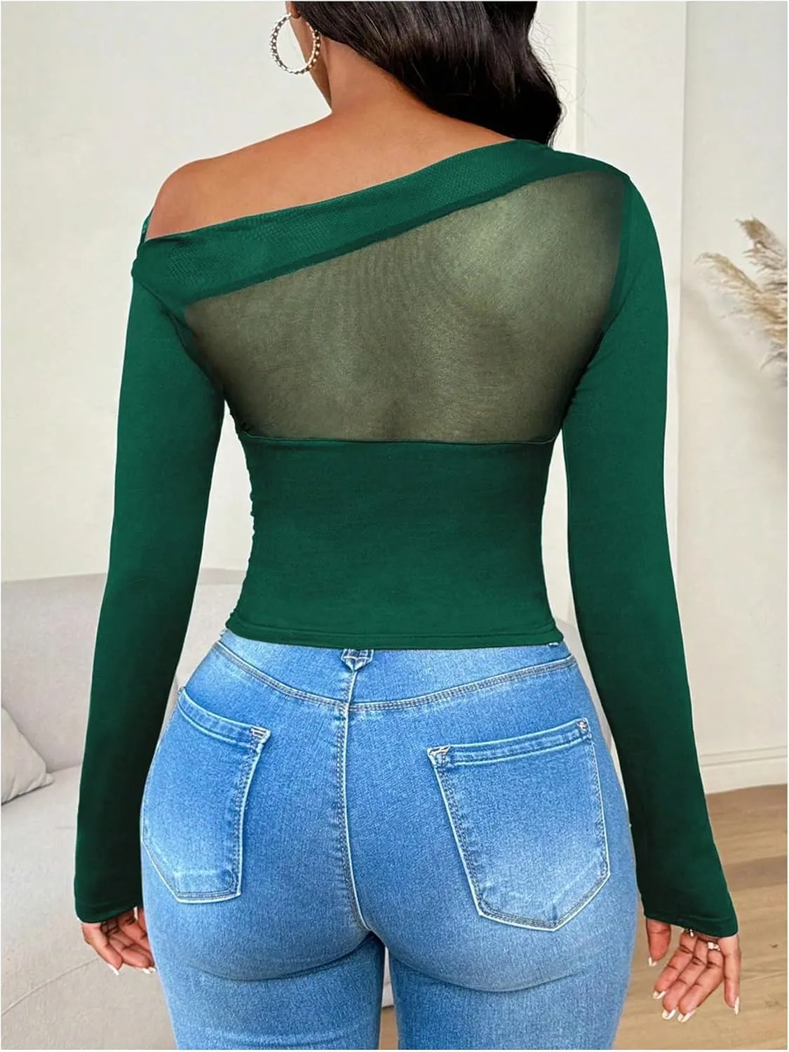 WDIRARA Women's One Shoulder Mesh Long Sleeve Tops Sexy Night Out Shirts