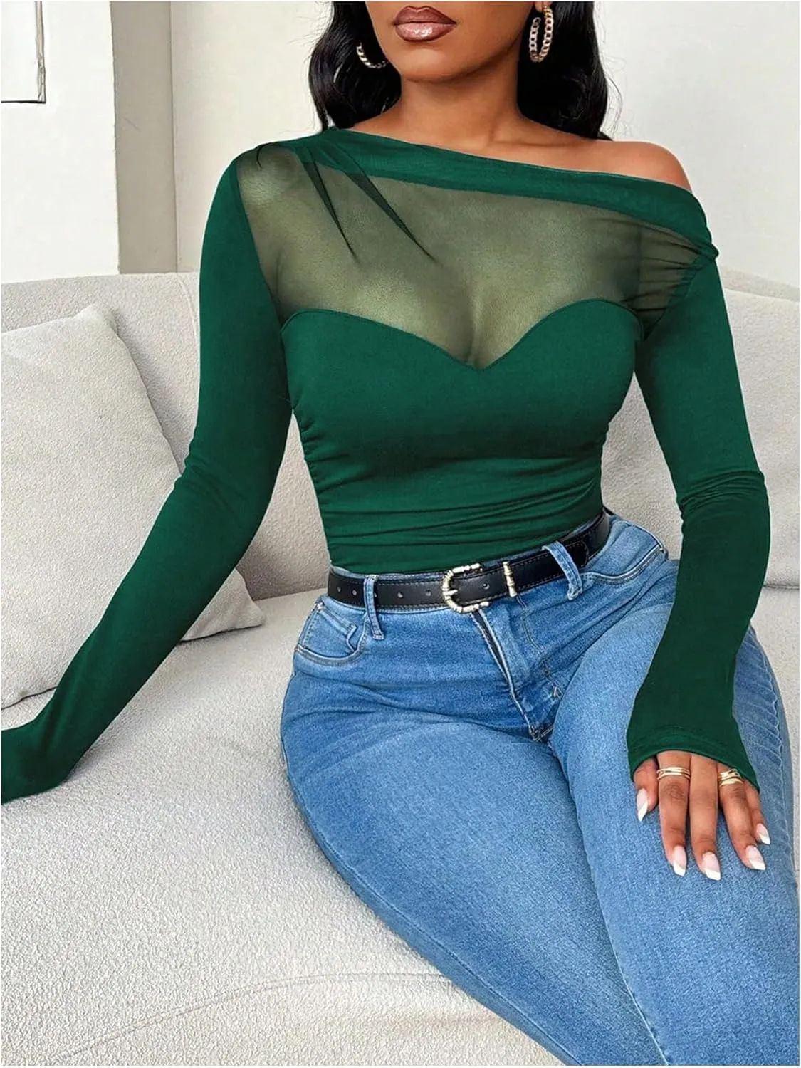 WDIRARA Women's One Shoulder Mesh Long Sleeve Tops Sexy Night Out Shirts