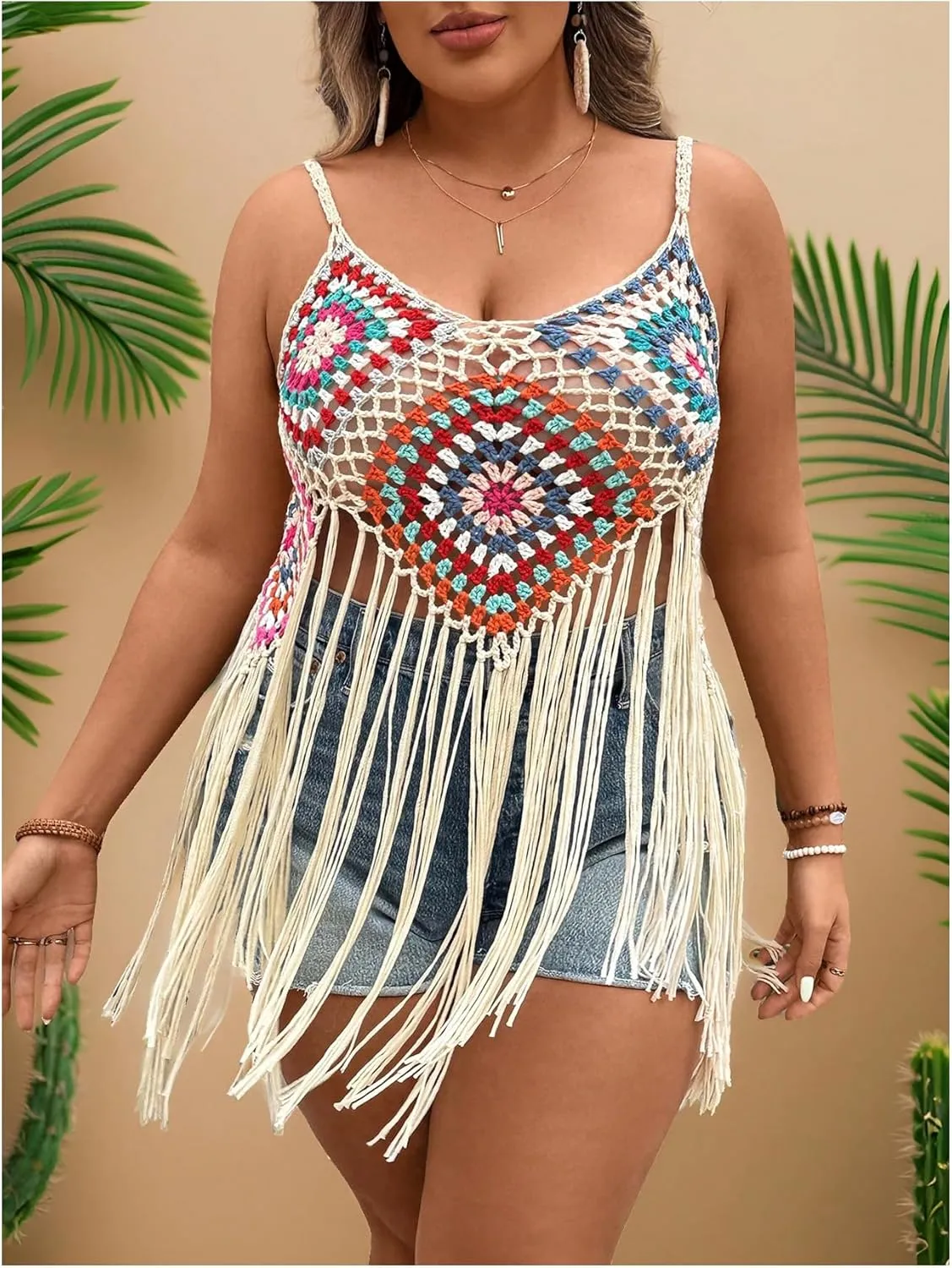 WDIRARA Women's Plus Size Floral Crochet Cami Top Boho Hollow Out Fringe Sleeveless Cover Up Tops
